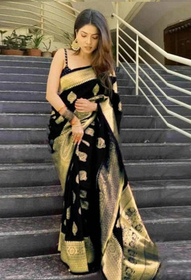 Parangi-A planet of style Woven Banarasi Cotton Silk Saree(Black)