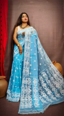 M STORE Self Design Jamdani Cotton Silk Saree(Blue)