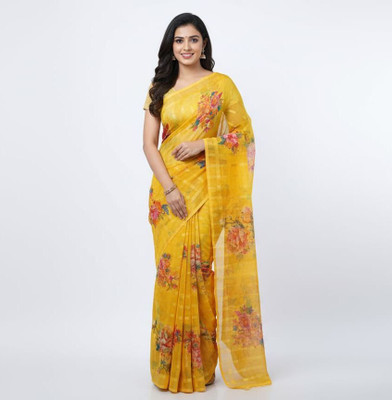 Radha Silk Saga Floral Print Daily Wear Georgette Saree(Yellow)