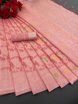 Bhavya Laxmi Textiles Woven Banarasi Cotton Linen Saree(Light Green)