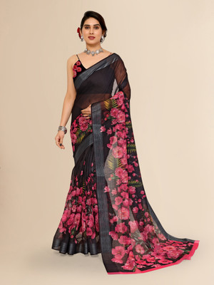 Divastri Floral Print Bollywood Cotton Blend Saree(Black)
