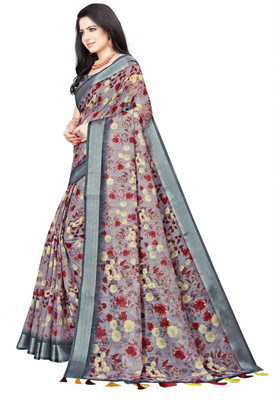 J6 Designers Floral Print Bollywood Cotton Blend Saree(Brown)