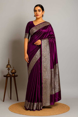 Sijileen Solid/Plain Banarasi Satin, Silk Blend Saree(Purple)