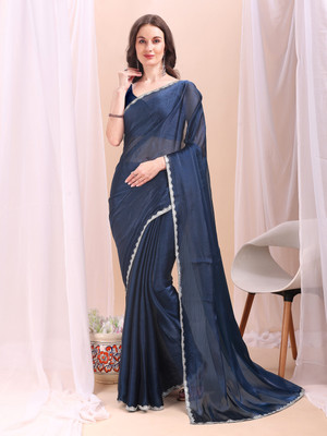 LADYZILLA Solid/Plain Bollywood Jimmy choo Saree(Blue)