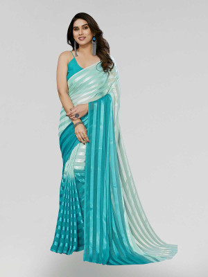 Anand Sarees Striped, Ombre, Printed Bollywood Satin Saree(Light Blue, Blue)