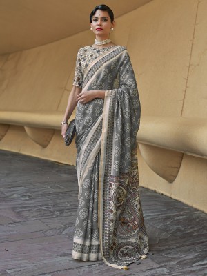 Sareemall Printed Daily Wear Cotton Blend Saree(Grey)