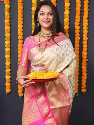 FABART CRETION Woven Kanjivaram Pure Silk Saree(White)