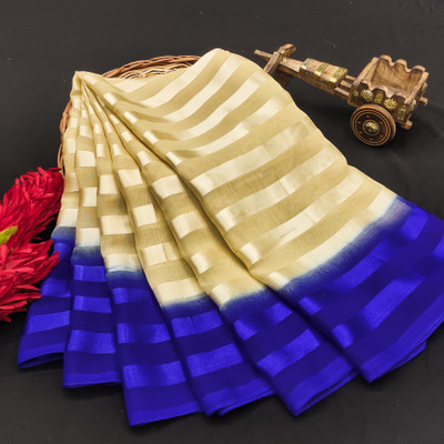 kashvi sarees Ombre, Striped, Self Design Bollywood Satin Saree(Beige, Blue)