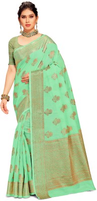 Manokamna Woven Banarasi Silk Blend Saree(Green)