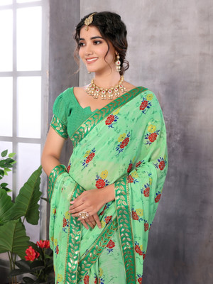 YASHIKA Printed Bandhani Georgette, Lace Saree(Green)