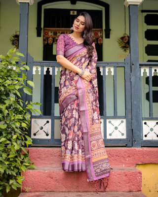 maharani couture Digital Print Handloom Cotton Blend Saree(Purple)