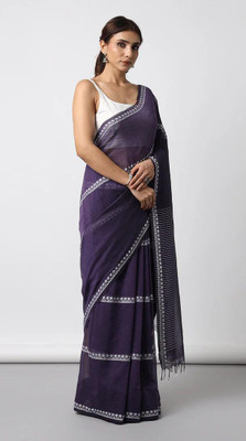 ANU INDIAN FASHION Woven Handloom Cotton Blend Saree(Dark Blue)