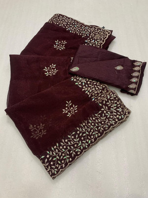Om Swami creation Embroidered Bollywood Net Saree(Brown)