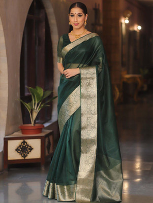 PHEASANT Woven Bollywood Organza Saree(Green)