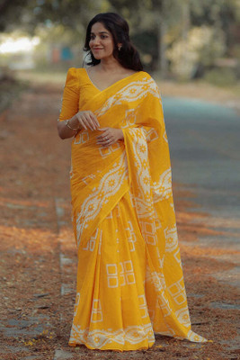 KITKET FASHION Printed Bollywood Cotton Linen Saree(Yellow)