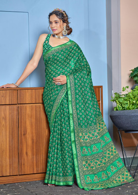 Divastri Printed Chanderi Cotton Blend Saree(Green)