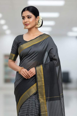 HouseOfCommon Solid/Plain Banarasi Lycra Blend, Chiffon Saree(Black)