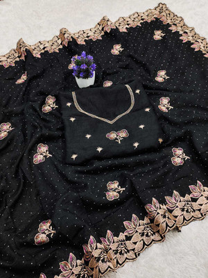 STITCH N SOLUS Embroidered Daily Wear Georgette, Chiffon Saree(Black)