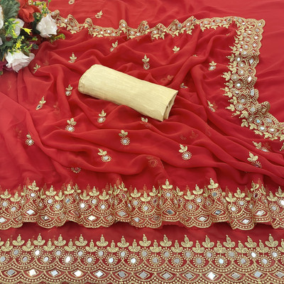 PRETTYAGE Embroidered, Self Design Bollywood Georgette, Silk Blend Saree(Red)