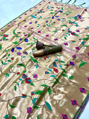 HouseOfCommon Woven Banarasi Cotton Silk Saree(Gold, Green)