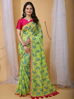 HERE N NOW Printed Banarasi Georgette Saree(Green)