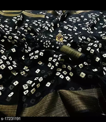 Grubstaker Printed Bandhani Cotton Linen Saree(Black)