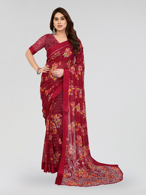 Moda Rapido Embellished, Floral Print Bollywood Georgette, Satin Saree(Red)