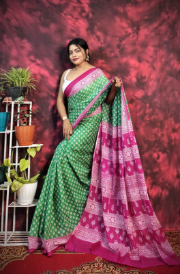 SARATHITEXTILE Color Block Hand Batik Cotton Blend Saree(Green)