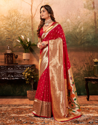 Samah Woven, Self Design Paithani Pure Silk, Silk Blend Saree(Red, Multicolor)
