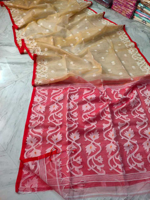 ADbutiq Digital Print Handloom Handloom Muslin Saree(White)