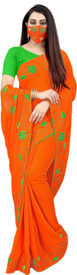 pUNYATHA CREATION Embroidered Chanderi Art Silk Saree(Orange)