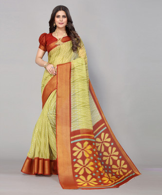 Nirvaan Printed, Woven Ikkat Linen Saree(Light Green)