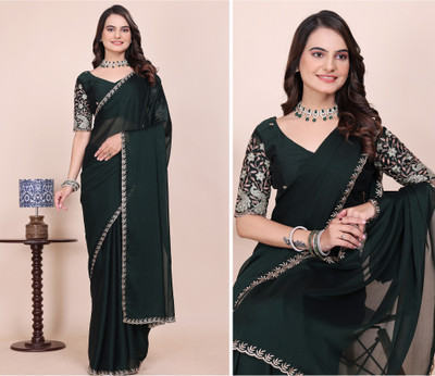 niesha fashion Embroidered Bollywood Chiffon Saree(Dark Green)