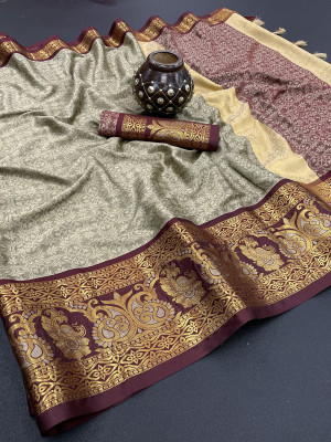MM VENTURE Self Design Kanjivaram Cotton Silk Saree(Beige)