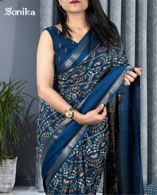 Sonika Printed Ikkat Cotton Silk Saree(Blue)