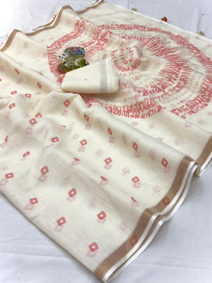2SD gratitude Tie-Dye, Printed, Digital Print Daily Wear Cotton Linen, Linen Saree(Cream)