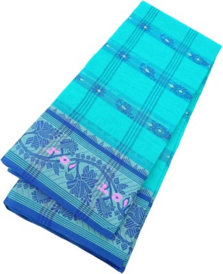 KhayaFashion Woven Tant Pure Cotton Saree(Light Blue)