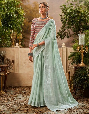 Samah Woven, Striped Bollywood Cotton Blend Saree(Light Green)