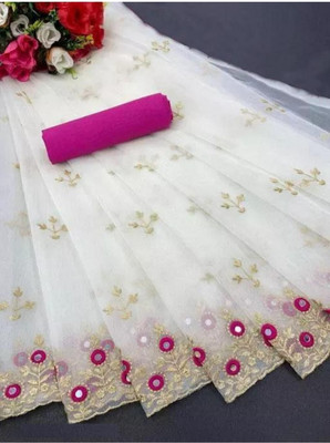 Zenomics Embroidered Bollywood Net Saree(Pack of 2, White)