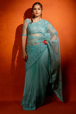 SUBHAM Embroidered, Embellished Bollywood Net Saree(Light Blue)