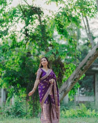 vraj enterprise Embroidered Mekhela Chador Pure Silk Saree(Purple)