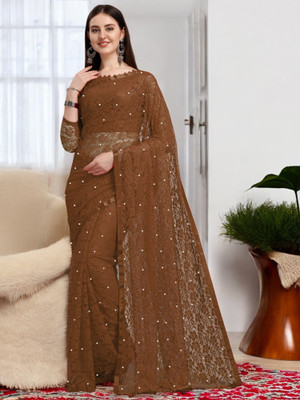 Prisha Fashion Self Design Bollywood Net Saree(Brown)