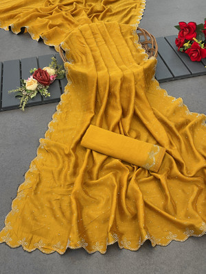 Sanwariya Silks Solid/Plain Bollywood Silk Blend Saree(Yellow)