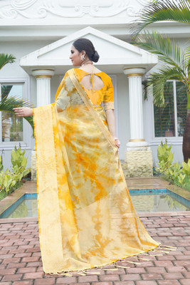 HouseOfCommon Solid/Plain Bollywood Organza Saree(Yellow)