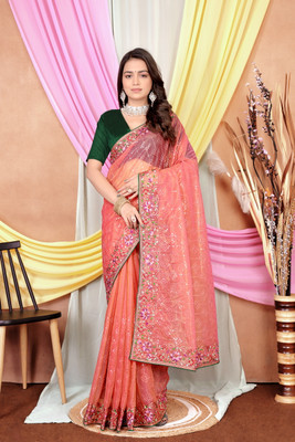 RudraEthnic Self Design, Embroidered Bollywood Supernet Saree(Orange)