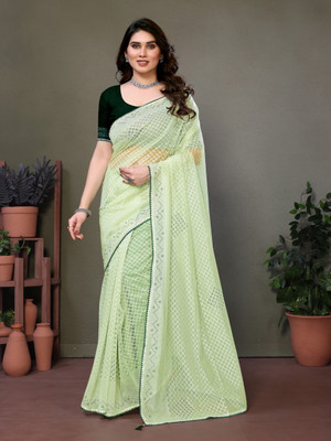 miracletex Striped Bollywood Net Saree(Light Green)