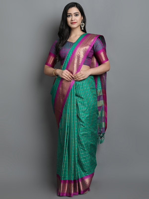 HouseOfCommon Woven, Checkered, Embellished, Self Design Daily Wear Jacquard, Cotton Silk Saree(Green)