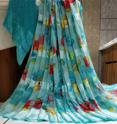 Bombey Velvat Fab Printed, Solid/Plain Konrad Silk Blend, Chiffon Saree(Blue)