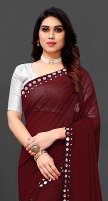 The Fashion Tax Embellished, Solid/Plain Banarasi Georgette Saree(Maroon)