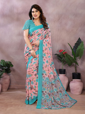 Anand Sarees Floral Print Daily Wear Georgette Saree(Light Blue, Pink)